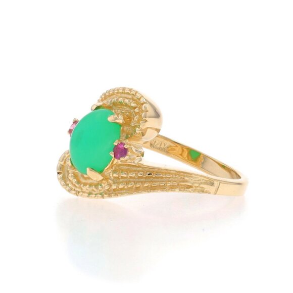 Yellow Gold Chrysoprase & Ruby Bypass Ring - 14k Oval Cabochon 1.15ctw Milgrain - Picture 3 of 6